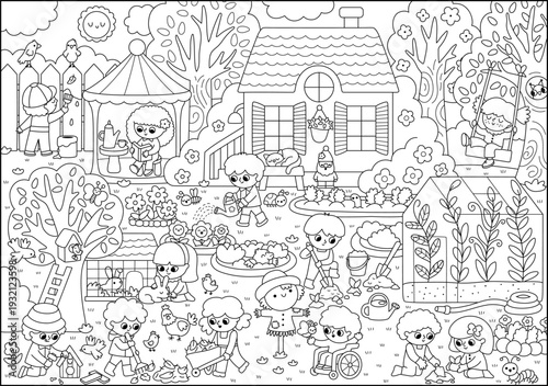 Vector black and white garden landscape. Country house line scene with greenhouse, kids doing work, growing plants. Cute spring nature background, coloring page with gardeners