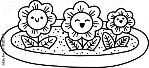 Vector black and white flower bed. Garden blooming and smiling plant with railing. Line florals clipart. Baby greenery with leaves isolated on white background. Spring illustration, coloring page