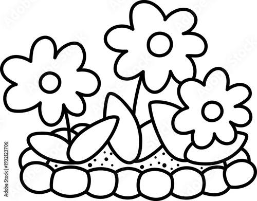 Vector black and white flower bed. Garden blooming plant with railing. Line florals clipart. Baby greenery with leaves isolated on white background. Spring illustration, coloring page