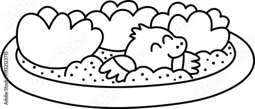 Vector black and white flower bed. Garden plant with railing and smiling mole clipart. Baby greenery with leaves isolated on white background. Line spring illustration, coloring page