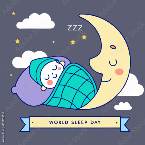 A peaceful child dreaming under the glow of a world sleep day celebration moon