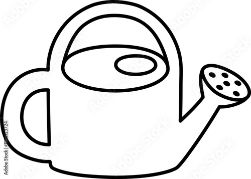 Vector cute black and white watering can with icon isolated on white background. Line spring or summer garden tool illustration, coloring page. Funny gardening equipment picture for kids