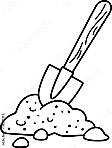 Vector black and white spade stuck in the ground. Garden tool line icon. Shovel in the soil clipart. Gardening or construction work concept. Gardener equipment illustration, coloring page