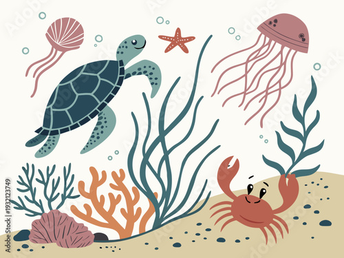 Colorful underwater scene featuring marine life and coral reefs