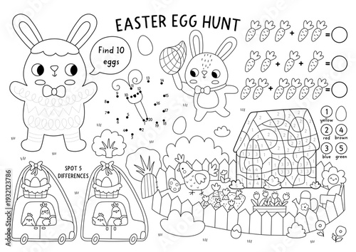 Vector Easter village placemat for kids. Spring holiday printable activity mat with maze, tic tac toe charts, connect dots, find difference. Black and white egg hunt coloring page with bunny