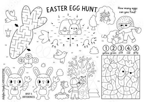 Vector Easter village placemat for kids. Spring holiday printable activity mat with maze, tic tac toe charts, connect dots, find difference. Black and white egg hunt coloring page with bunny