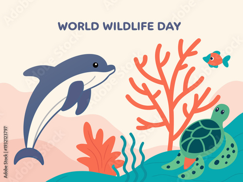 Celebrating marine life on world wildlife day with a playful dolphin and coral reef scene