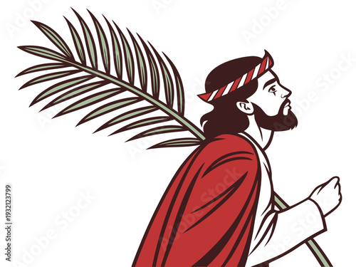 A classical depiction of a robed figure holding a palm frond in a symbolic gesture.