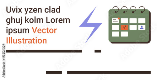 Time management, productivity, event scheduling, task organization, planning, workflow. Calendar with marked date, lightning bolt symbol. Time management and productivity for efficient planning