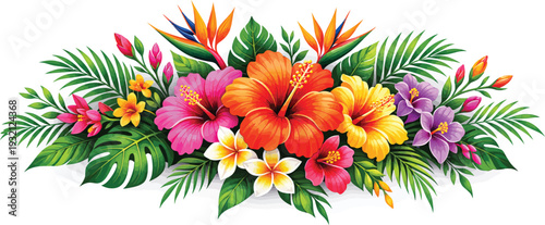 Vibrant Tropical Flowers and Palm Leaves Vector Arrangement