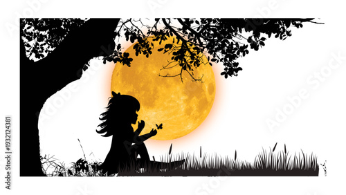 Silhouette of a little girl looking at the full moon