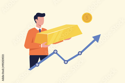 A person holding gold with a rising graph, Gold concept illustration. Vector flat design isolated
