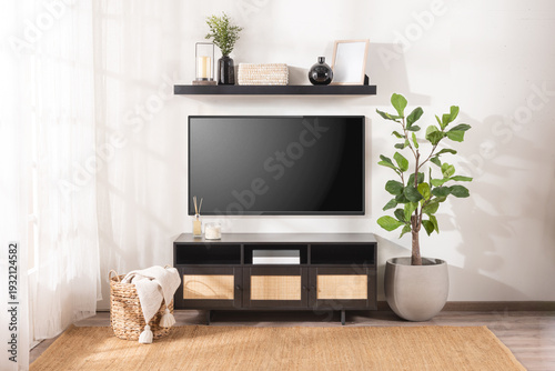 Fotografia A modern living room featuring a flat-screen television, two potted plants and a
