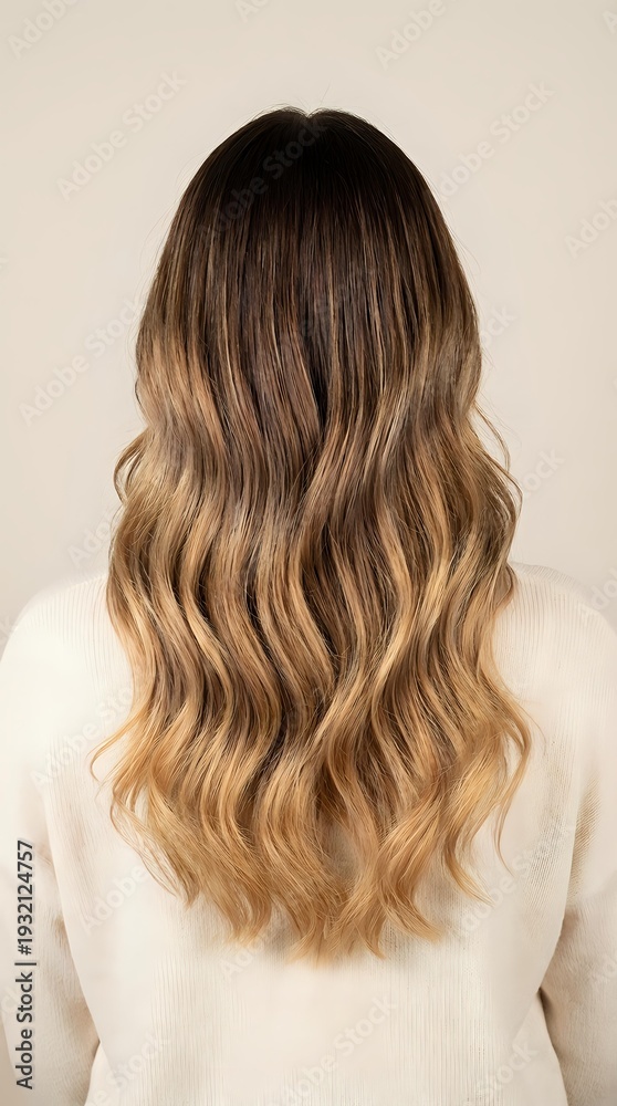 Fototapeta premium Woman with long wavy ombre hair from brunette to blonde showing balayage highlights technique from behind wearing cream sweater against neutral background.