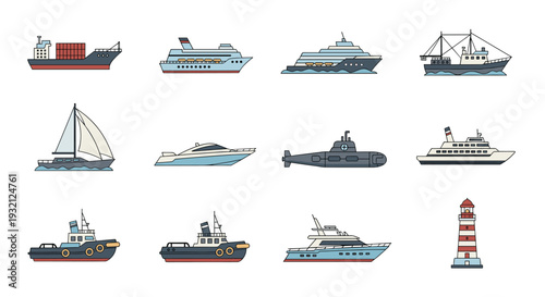 A pixel art style vector illustration displays various ships, boats, a submarine, tugboats, and a red and white lighthouse on a white background.