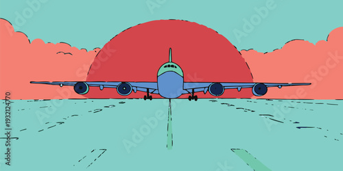 Blue cartoon airplane on a runway preparing for takeoff against a large red sunset background