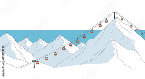 Multiple orange cable cars are depicted moving along wires above a range of snow-capped mountains with crisp white and blue outlines under a clear blue sky.