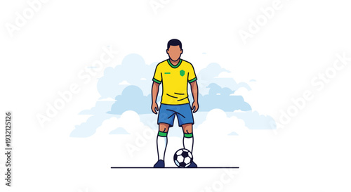 A male soccer player, dressed in a yellow and green Brazilian national team uniform, stands facing forward with a soccer ball at his feet against a stylized light blue cloudy sky background.