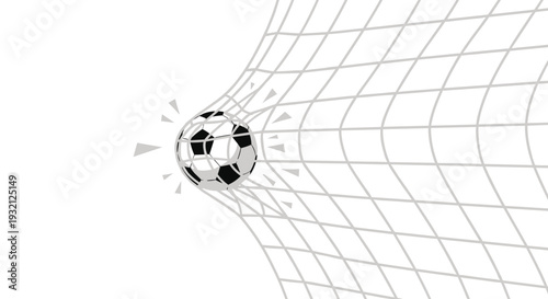 A black and white soccer ball forcefully penetrates a white goal net, causing it to stretch and distort with fragments.