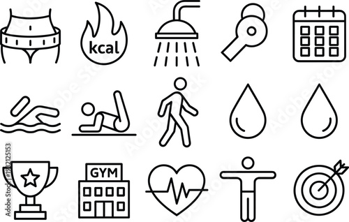Fitness icons set, health line art, wellness outline, exercise illustration, gym symbols, lifestyle vector, workout graphics, healthy living design