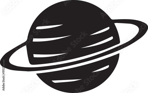 A stylized black silhouette of a ringed planet, reminiscent of Saturn, floats against a white background.