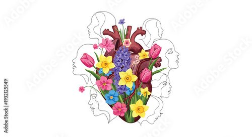 A prominent anatomical human heart, richly adorned with a vibrant bouquet of spring flowers, is centrally placed and surrounded by faint line art profiles of human faces.