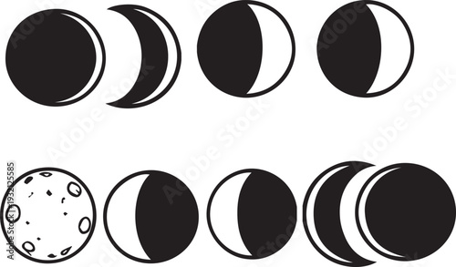 A scientific diagram illustrates the various distinct phases of the moon, from new moon to full moon.