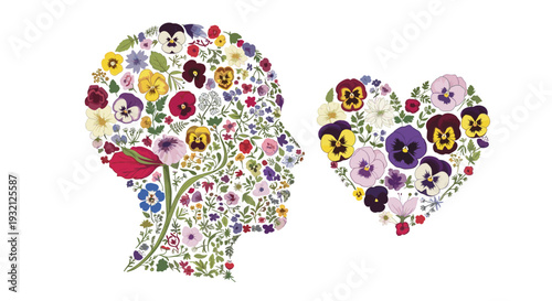 Two distinct floral arrangements, forming the silhouette of a human head in profile and a heart shape, are beautifully composed of vibrant flowers on a white background.
