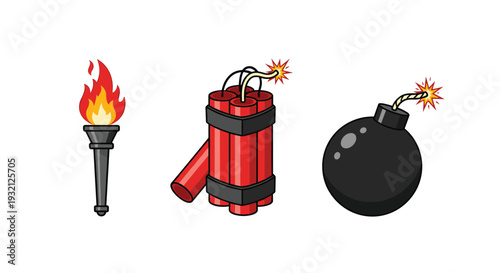 A vector illustration displays a burning torch, a bundle of red dynamite sticks, and a black spherical bomb with a lit fuse on a white background.