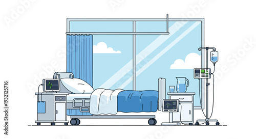 A modern hospital room is illustrated with an adjustable bed, an IV pole, and two patient monitors, set against a large window revealing a clear blue sky with white clouds.
