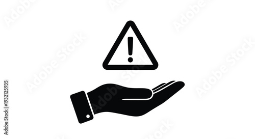 Simple black and white vector illustration graphic design depicting a cautionary warning sign held above an open welcoming hand silhouette
