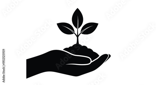 Simple black and white vector graphic illustration showing a hand carefully holding a small green sprout emerging from rich dark soil
