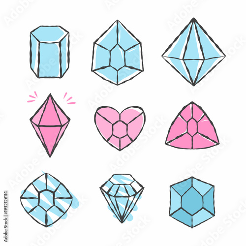 Collection of precious stones and crystals. Vector illustration on a white background in doodle style.