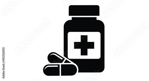 Simple black and white vector graphic illustration depicting a medical pill bottle with a cross symbol next to two capsules