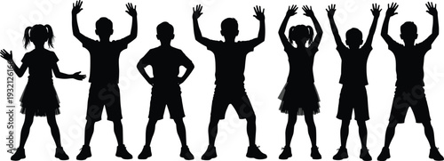Group of happy children silhouettes standing with hands up and waving isolated on white background for school and childhood concepts.