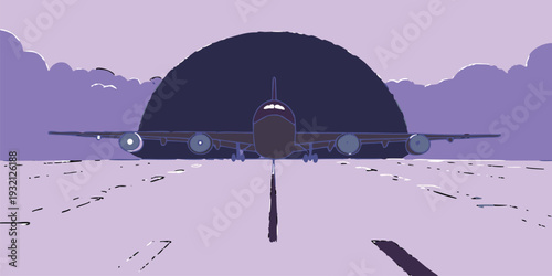 Stylized illustration of an aircraft sitting on a lavender runway with a massive full moon