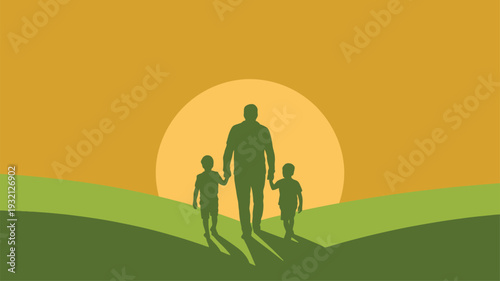 Father two sons sunset silhouette