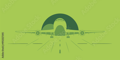 Minimalist Green Airplane Illustration on a Runway Facing Forward in a Modern Flat Design Graphic Style
