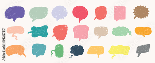Large set of colorful hand-drawn speech bubbles in grunge chalk style. Vector collection of empty comic clouds, thought bubbles and chat frames isolated on white background for design, social media an