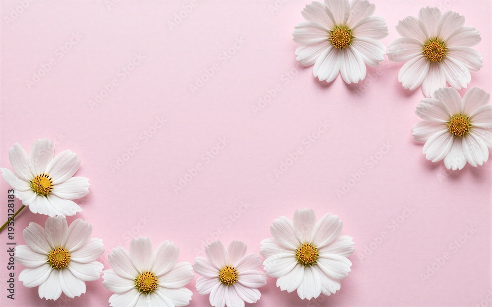Fototapeta premium White daisies arranged on soft pink background, creating a gentle floral frame.
