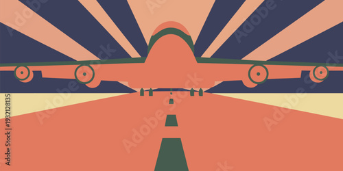 Stylized flat design illustration of an airplane on a runway with a retro sunburst background effect