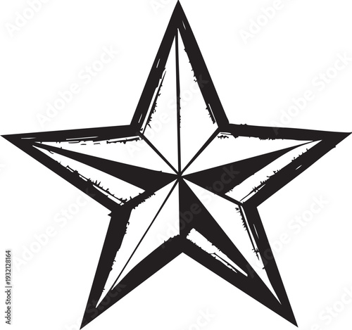 Black and white star icon with geometric design and shading on a plain white background symbolizing excellence and achievement