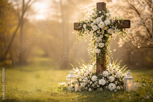 Wooden cross adorned with spring flowers in blooming garden for peaceful easter celebration. concept of springtime serenity, easter decor, nature's tranquil beauty, Copy space