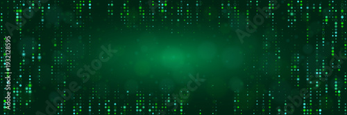Quantum computing data stream background with glowing green digital particles and matrix effect