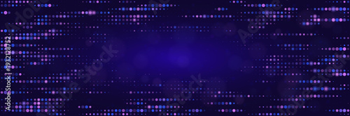 Quantum computing data stream visualization with glowing purple and blue particles on dark backdrop