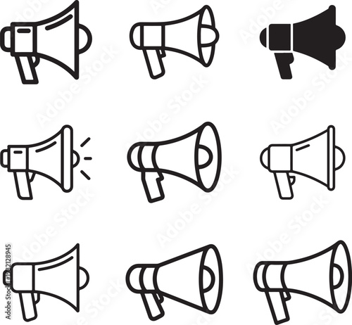 Black and white megaphone icons for announcements, marketing, and communication.