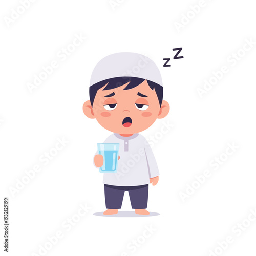 A Muslim boy yawns while holding a glass of water