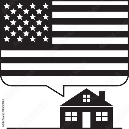 American flag speech bubble over house outline icon illustration