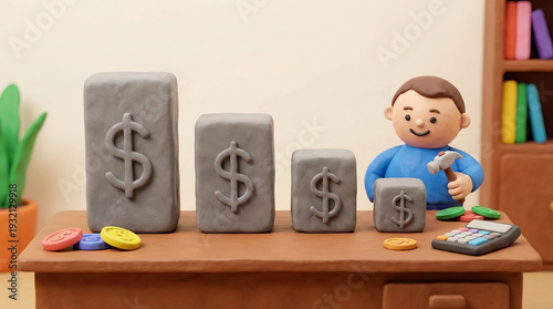 Gray clay blocks with dollar sign and happy person holding hammer showing financial growth