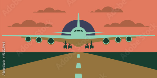 Flat illustration of a modern passenger airplane on a runway at sunset for travel concept
